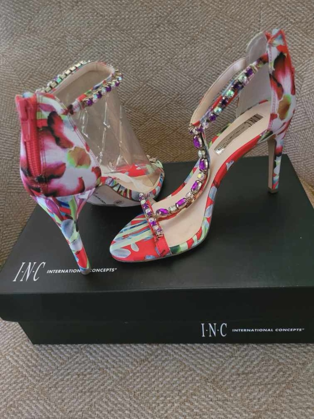 INC International Concepts Floral Pink Gem-Embellished High Heel Sandals